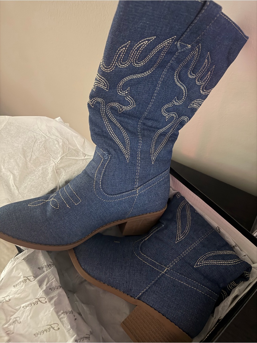 Forever New Denim Western Mid-Calf Heeled Boots - Blue